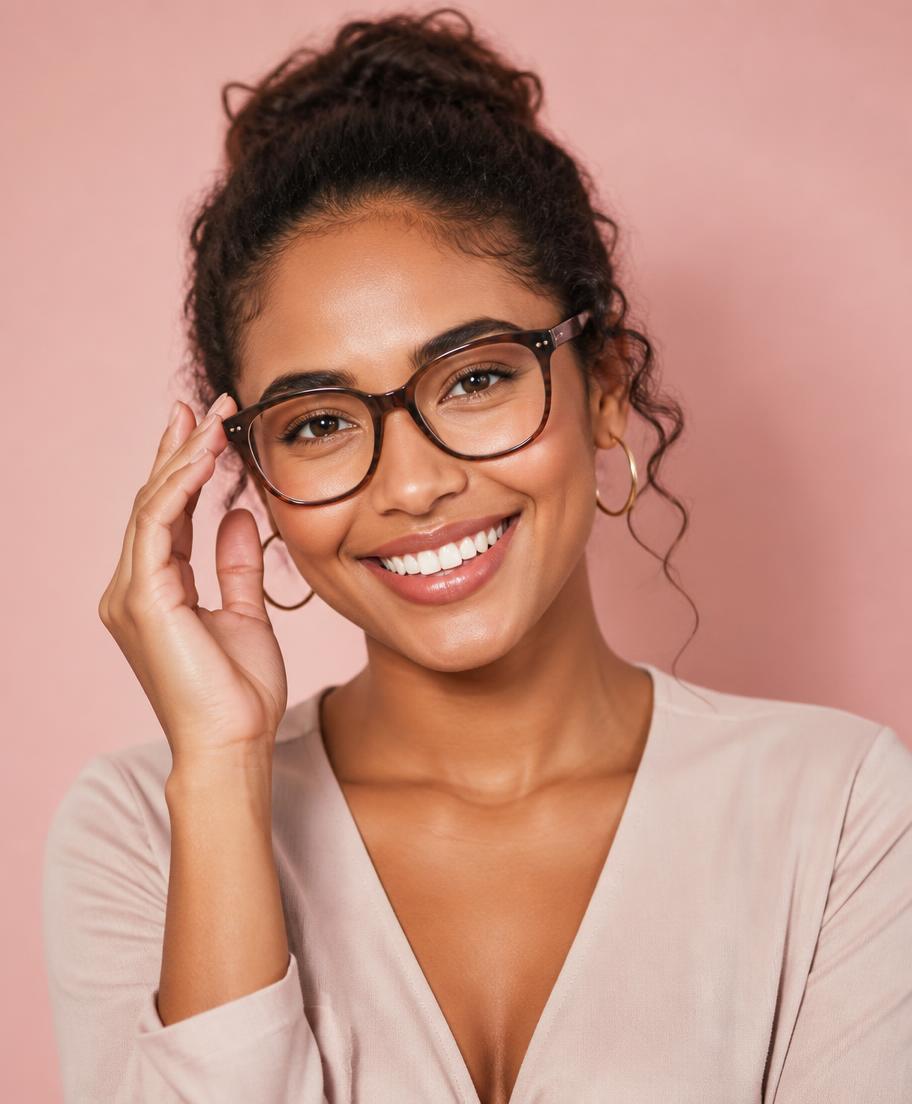 Mulher sorrindo usando óculos Pink Eyewear